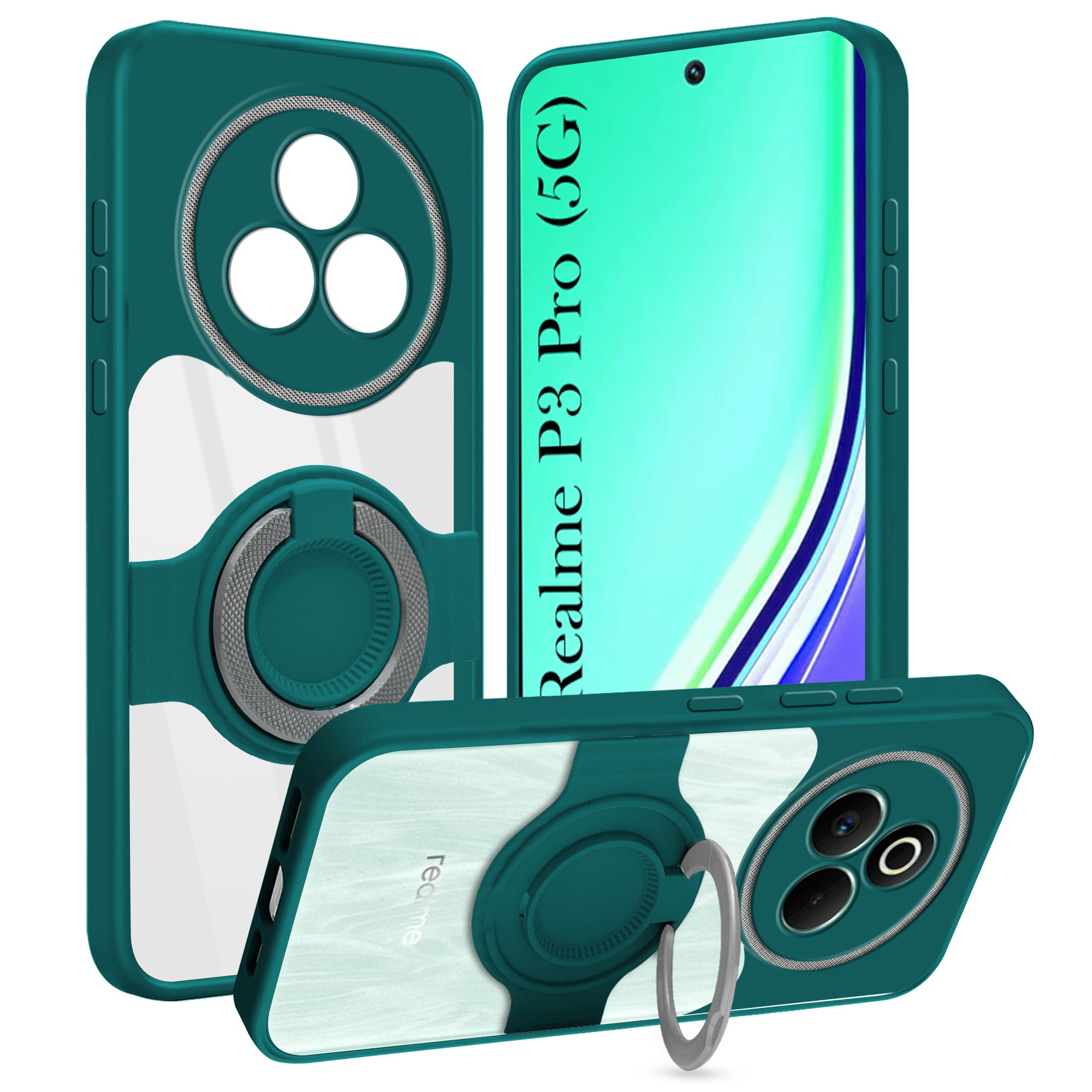 For Realme P3 Pro Back Cover Case with stand (Built-in Ring Holder Kickstand | Lifetime Anti Yellow | Camera Protection)