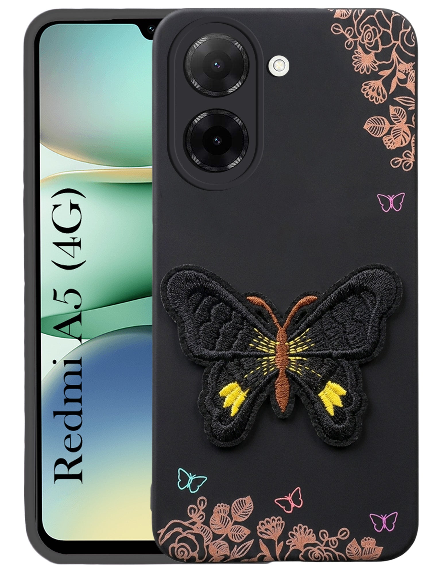 For Redmi A5 4G Back Cover Case (Soft Butterfly Embroidery | Women Teen Girls | Camera Protection| Matte Silicone)