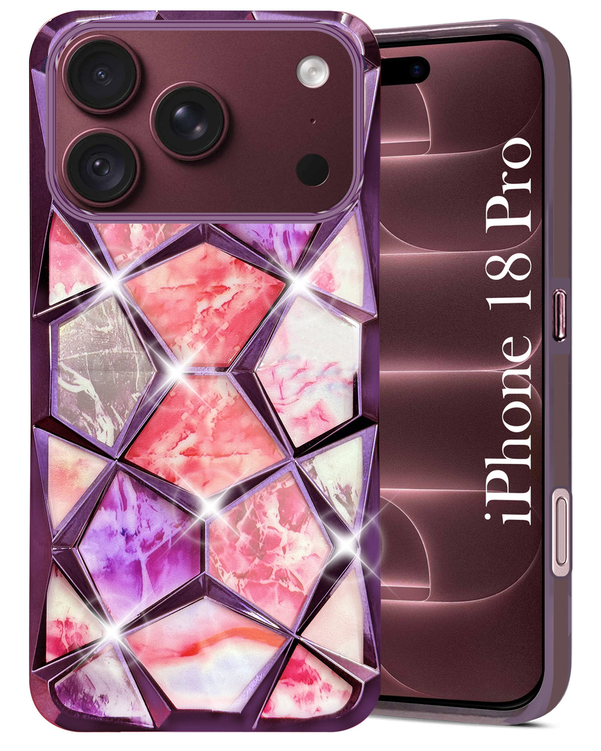 For Apple iPhone 18 Pro Back Cover Case Compatible 3D Silicone (Dual Design Glitter Sparkle and Detachable Diamond Print Case | Soft and Flexible)