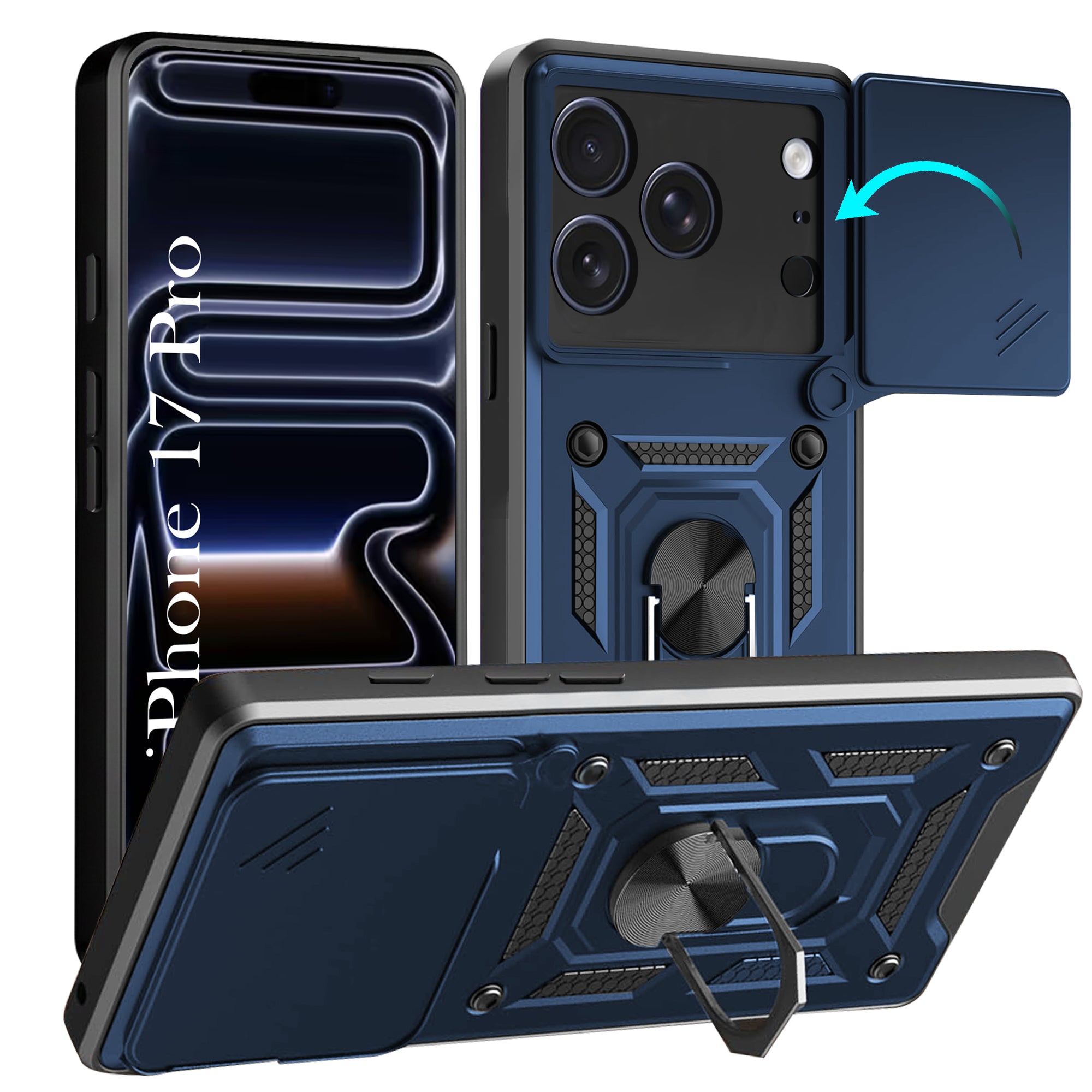 For Apple iPhone 17 Pro Back Cover Case Hybrid Armor (Sliding Shutter Camera Protection | Polycarbonate |Ring Holder Kickstand)