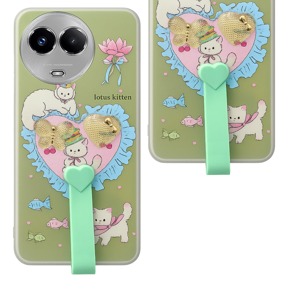 For Realme Narzo 60x Back Cover Case (3D Cute Heart Strap Holder | Camera Protection | Designer Girls Print)
