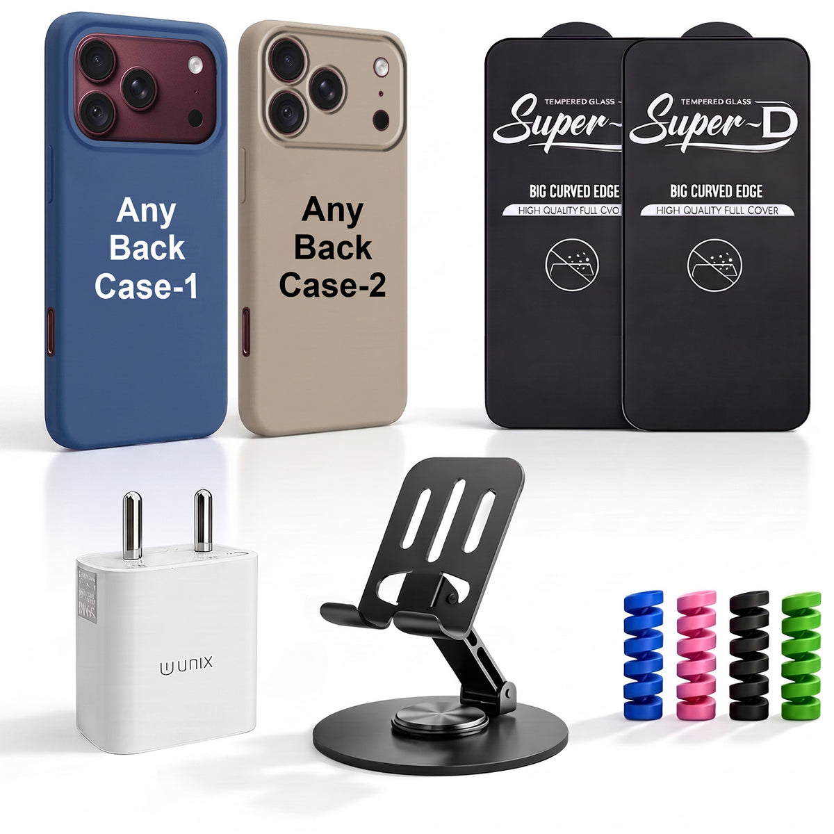 Complete Mobile Care Kit (Get Any 2 Cases+2 Tempered Glass+25W Charger Adapter+Metallic Mobile Stand+Cable Protector)