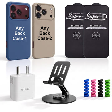 Complete Mobile Care Kit (Get Any 2 Cases+2 Tempered Glass+25W Charger Adapter+Metallic Mobile Stand+Cable Protector)