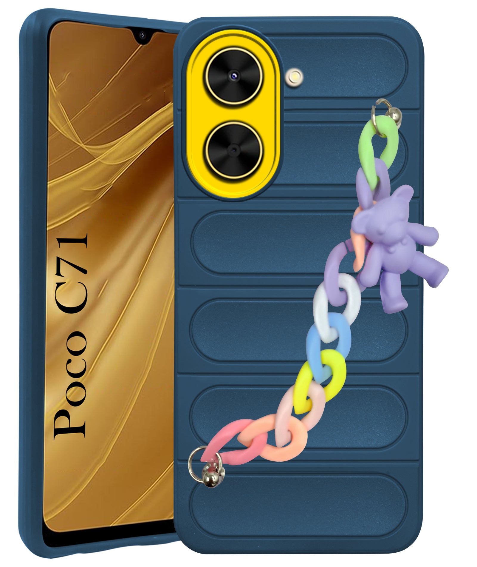 For Poco C71 Back Cover Case (Wrist Hanging Chain | Teddy Bracelet Charms | Matte Liquid Silicone | Camera Protection Ring)
