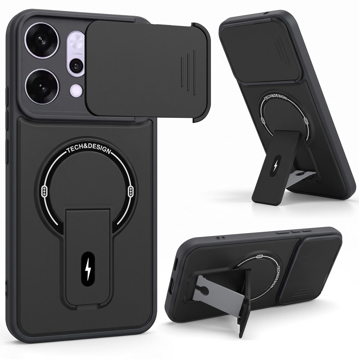 For Oppo Reno14 5G | Oppo Reno 14 5G Back Case Cover Metallic (Hybrid Armor Kickstand | Sliding Shutter Camera Protection | MagSafe Compatible)