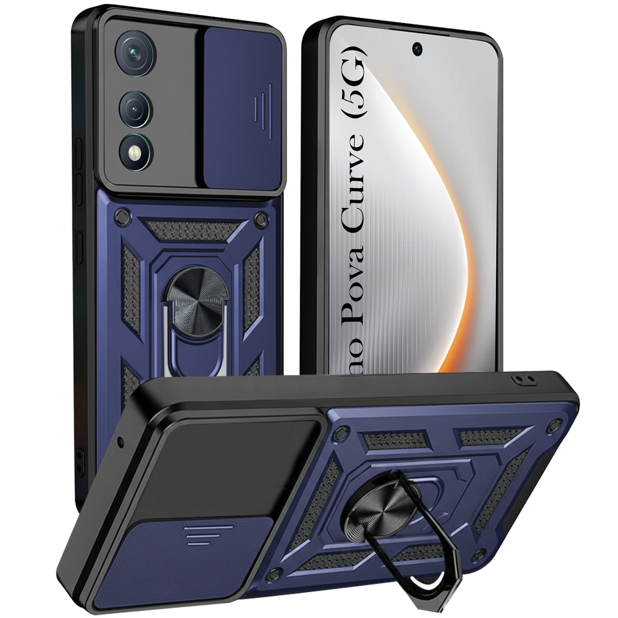 For Tecno Pova Curve Back Cover Case  Hybrid Armor (Sliding Shutter Camera Protection | Polycarbonate |Ring Holder Kickstand)