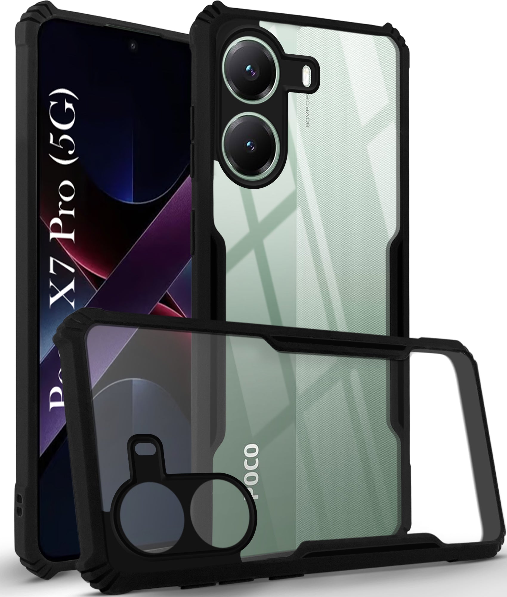 For Poco X7 Pro Back Cover Case ( Shockproof with Polycarbonate Clear Panel | Professional Black)