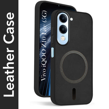 For Vivo iQOO Z10 Lite Back Cover Case Leather Finish (MagSafe Compatible Wireless Charging | Soft Touch | Camera Bump Protection)