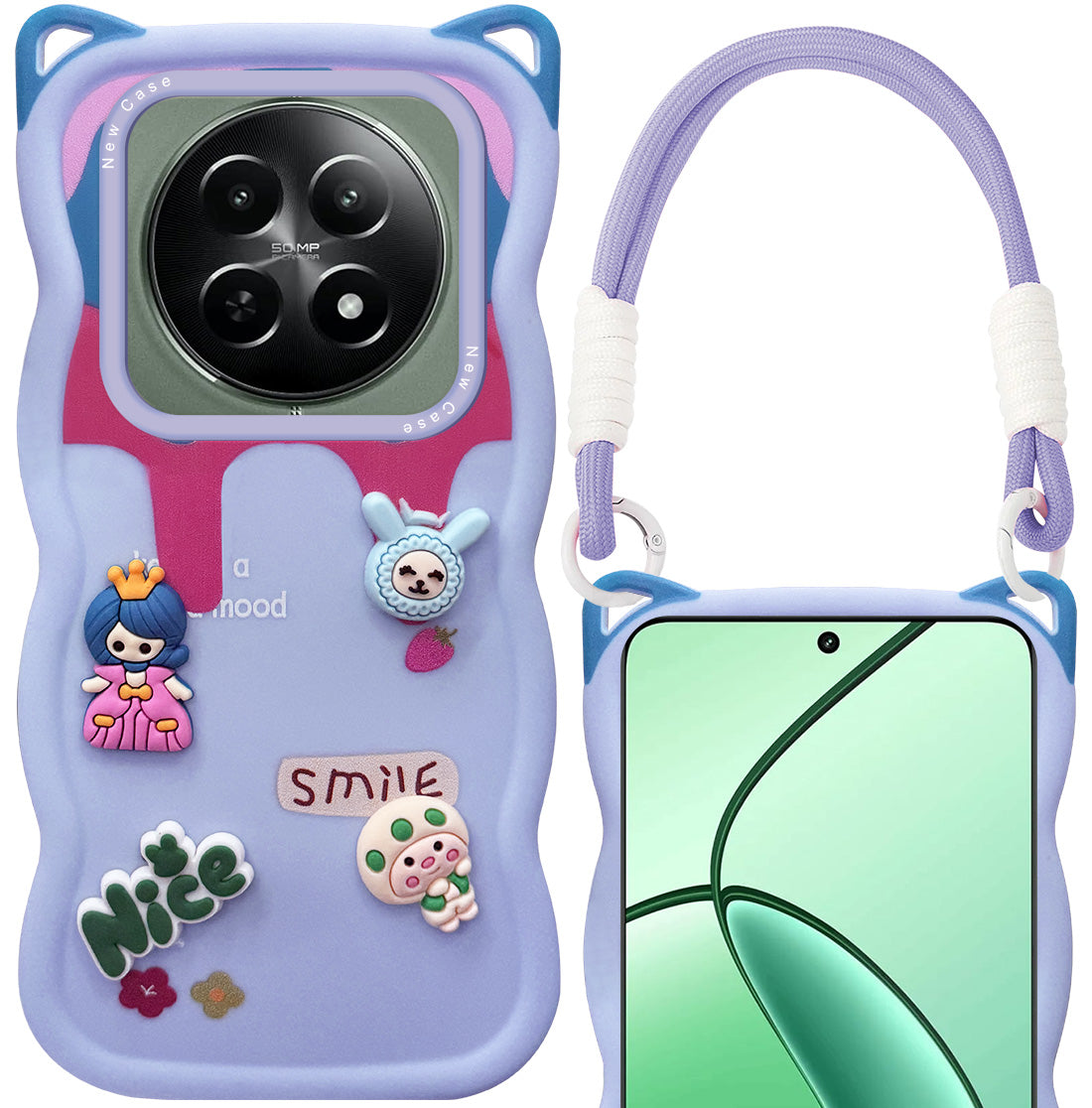 For Realme 12 | Realme 12X Back Case Cover Strap (3D Embossed Figures | Strap Holder | 360* Soft Cushion with Camera Bump)
