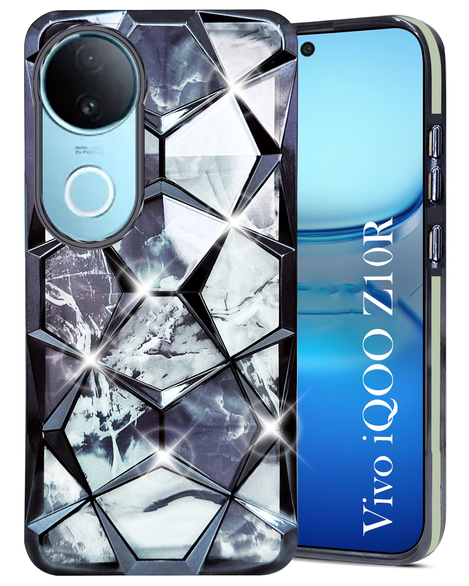 For Vivo iQOO Z10R Back Cover Case ( Dual Design Glitter Sparkle and Detachable Diamond Print Case | Soft and Flexible)