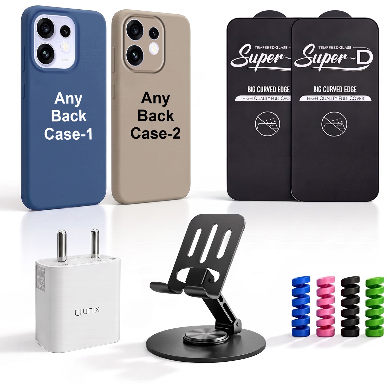Complete Mobile Care Kit (Get Any 2 Cases+2 Tempered Glass+25W Charger Adapter+Metallic Mobile Stand+Cable Protector)