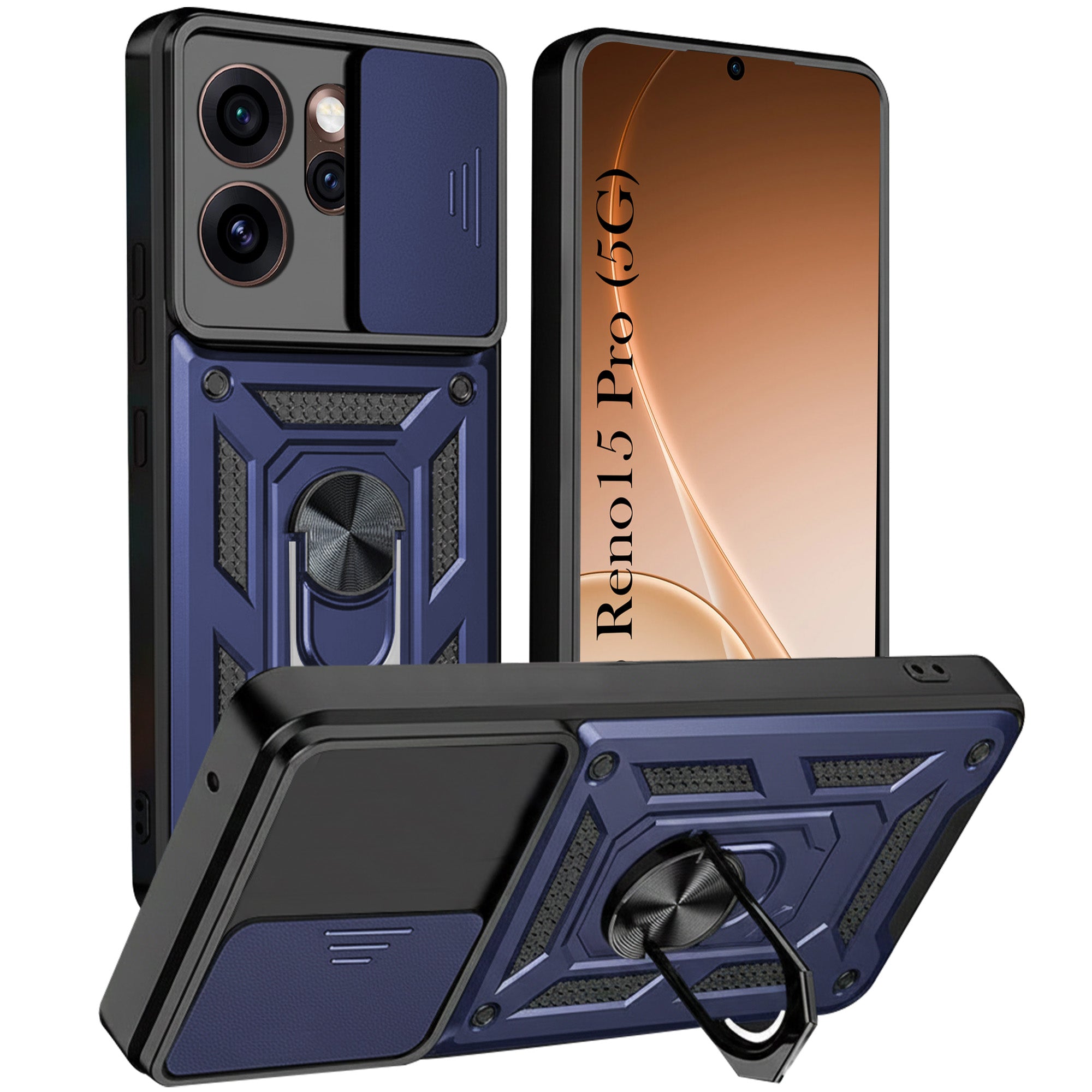 For Oppo Reno15 Pro 5G | Oppo Reno 15 Pro 5G Back Cover Case Hybrid Armor (Sliding Shutter Camera Protection | Polycarbonate |Ring Holder Kickstand)