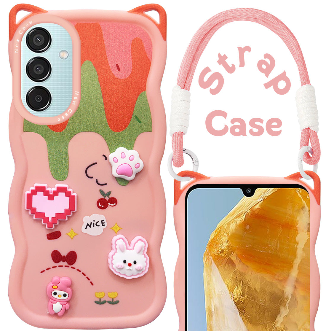 For Samsung Galaxy M15 5G Back Case Cover Strap (3D embossed Figures | Strap Holder | 360* Soft Cushion with Camera Bump)