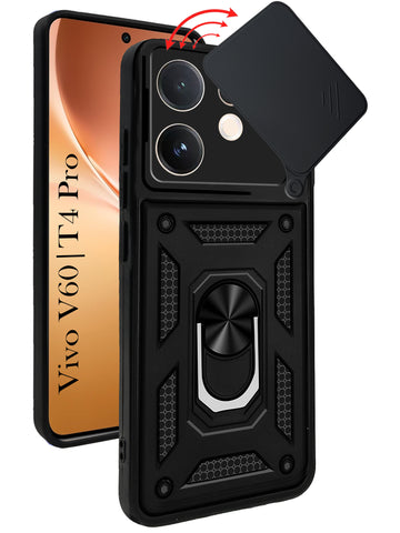 For Vivo V60 | Vivo T4 Pro Back Cover Case (Sliding Shutter Camera Protection | Polycarbonate |Ring Holder Kickstand)
