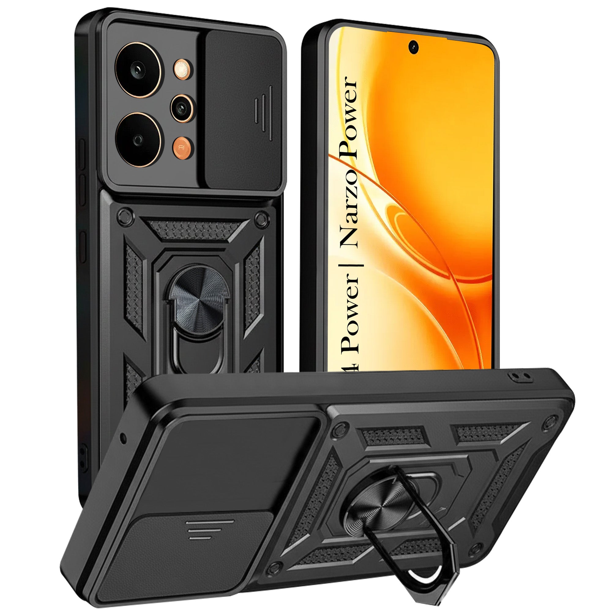 For Realme P4 Power 5G | Realme Narzo Power Back Cover Case Hybrid Armor (Sliding Shutter Camera Protection | Polycarbonate |Ring Holder Kickstand)