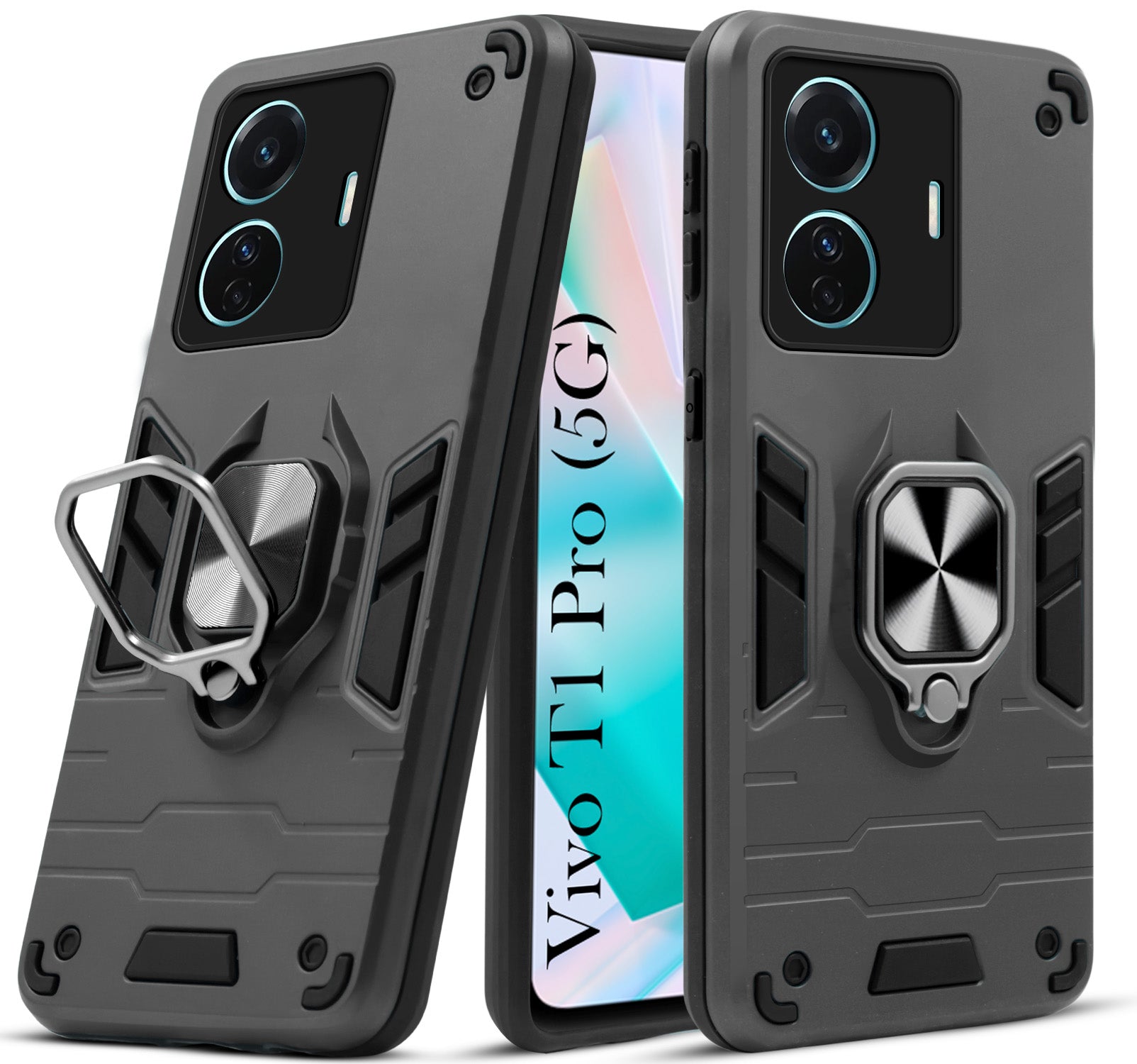 For Vivo T1 Pro 5G Back Cover Case Hybrid Armor (Shockproof Dual Layer Polycarbonate |Ring Holder Kickstand)