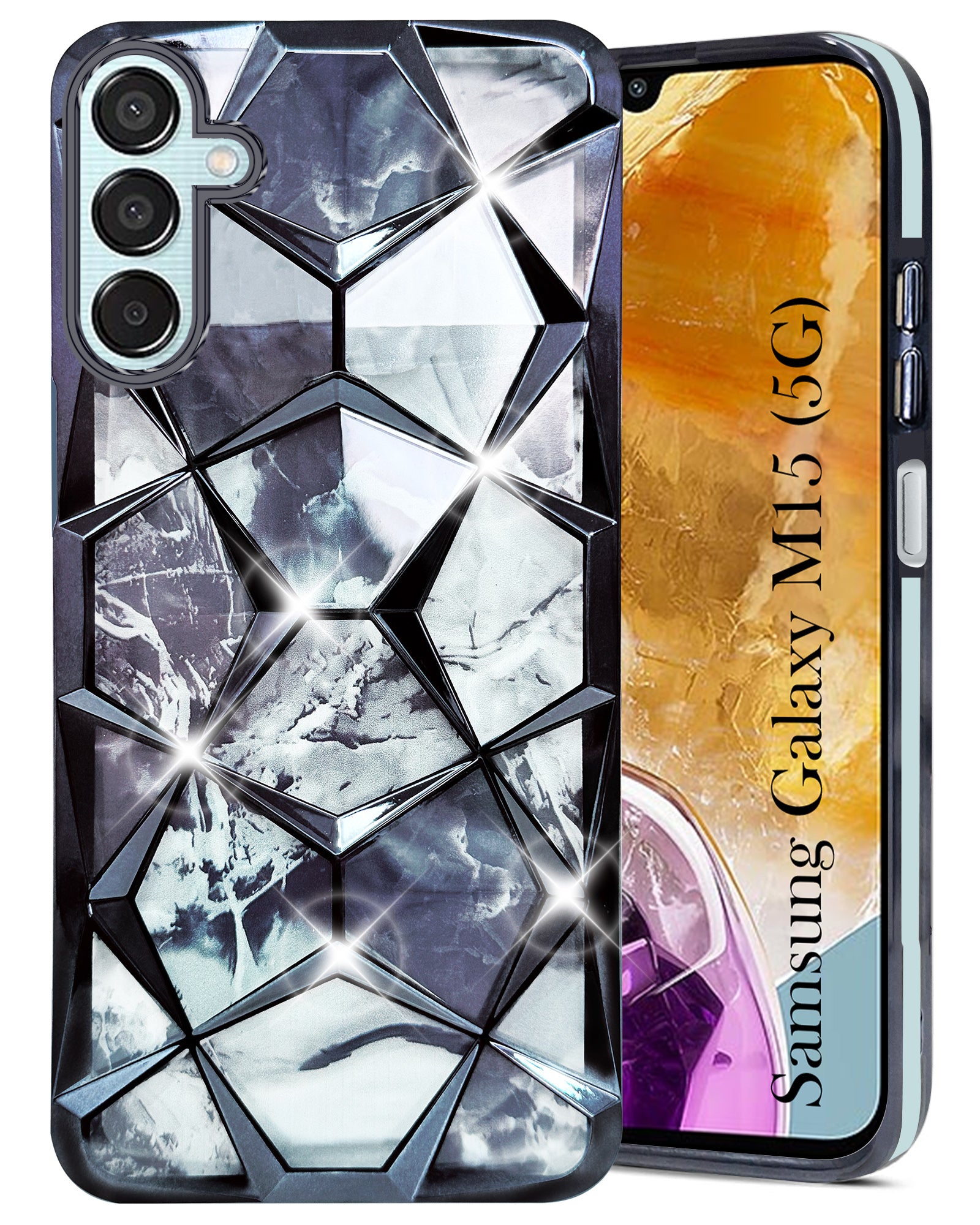 For Samsung Galaxy M15 5G Back Cover Case (Dual Design Glitter Sparkle and Detachable Diamond Print Case | Soft and Flexible)