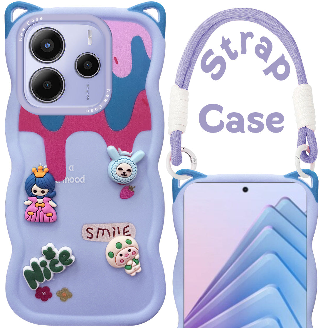 For Redmi Note 14 5G | Redmi Note 14 SE Back Case Cover Strap (3D embossed Figures | Strap Holder | 360* Soft Cushion with Camera Bump)