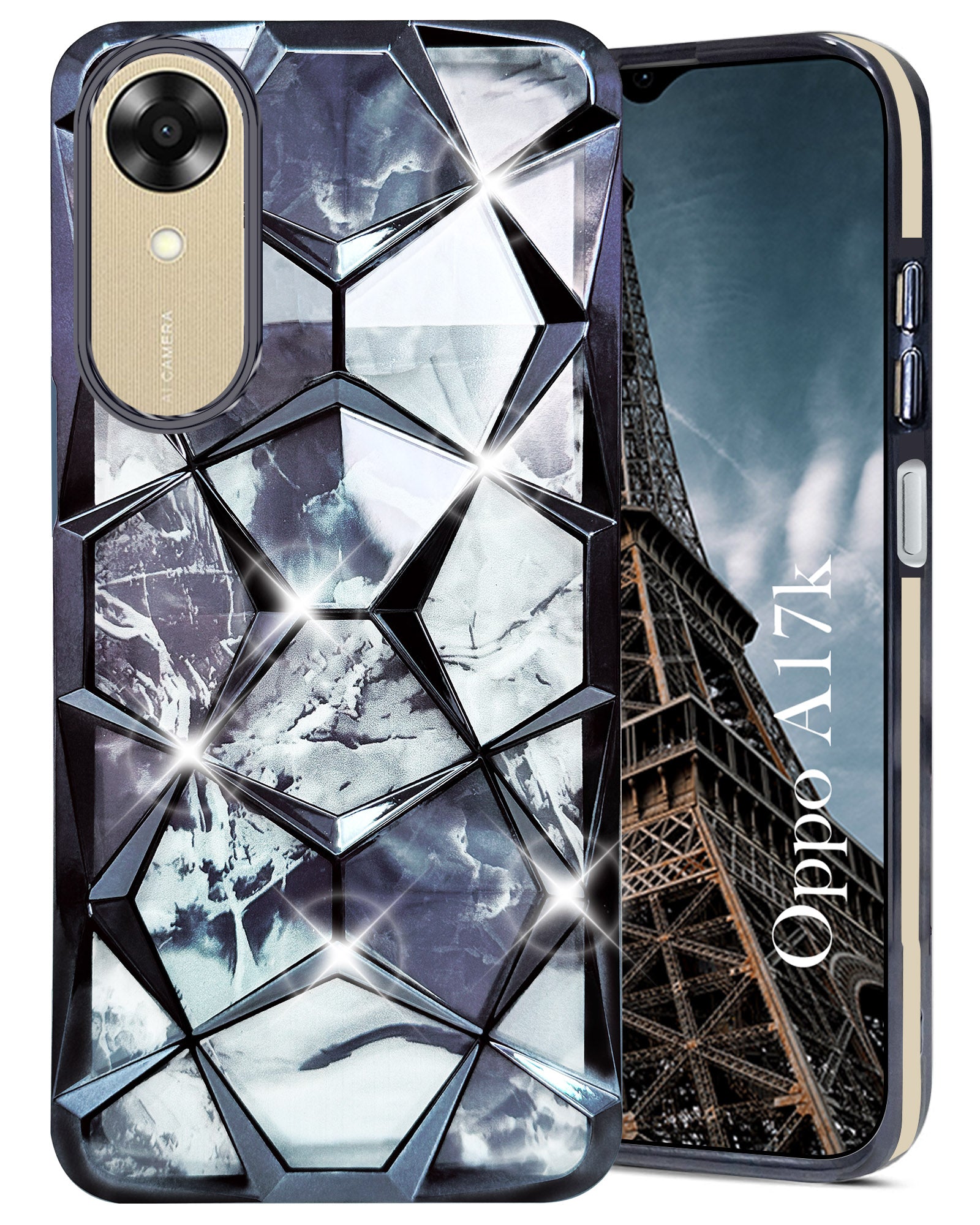 For Oppo A17K Back Cover Case (Dual Design Glitter Sparkle and Detachable Diamond Print Case | Soft and Flexible)
