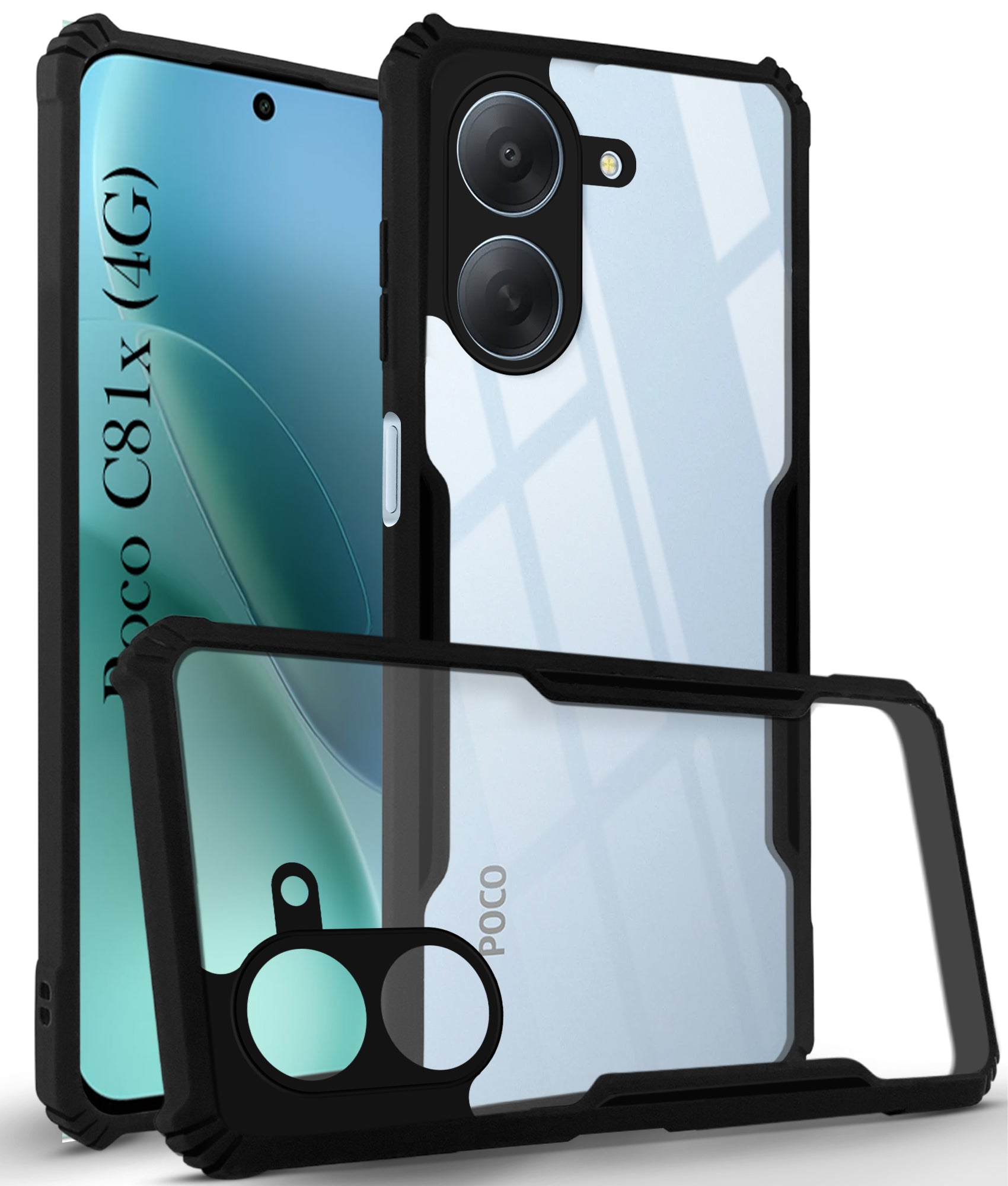 For Poco C81x Back Cover Case Hybrid (Shockproof with Polycarbonate Clear Panel | Professional Black)