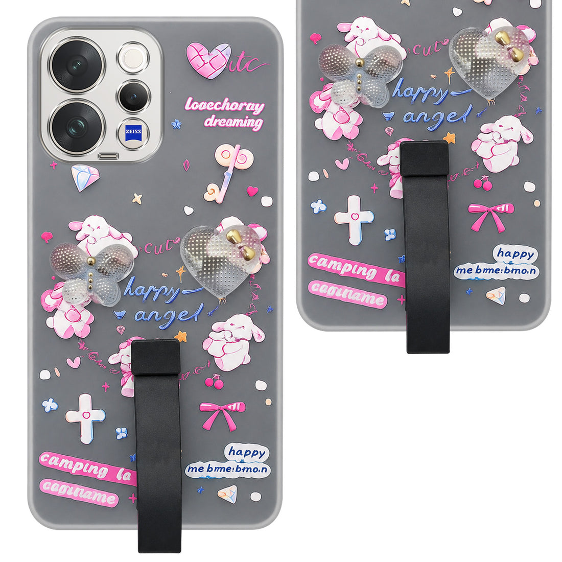 For Vivo V70 | Vivo V70 Elite 5G Back Cover Case (3D Cute Heart Strap Holder | Camera Protection | Designer Girls Print)