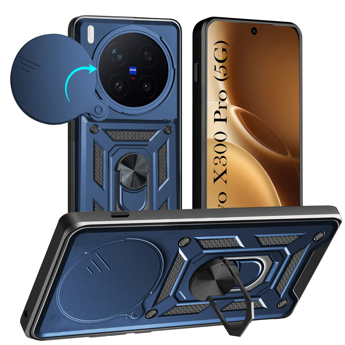 For Vivo X300 Pro Back Cover Case Hybrid Armor (Sliding Shutter Camera Protection | Polycarbonate |Ring Holder Kickstand)