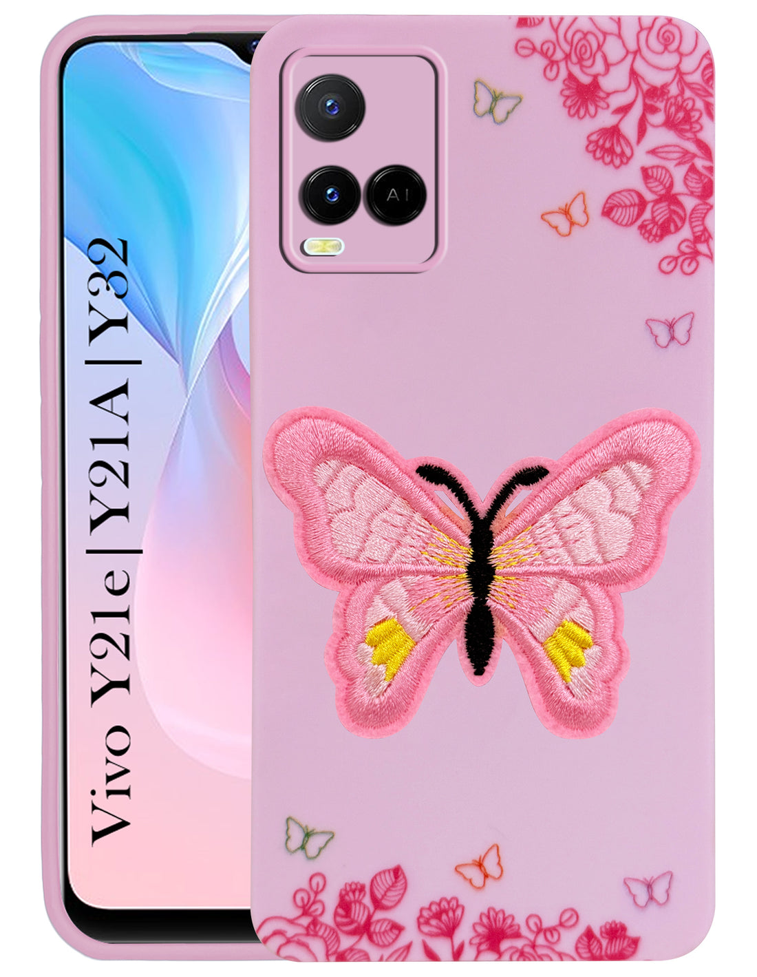 For Vivo Y21e | Vivo Y21A | Vivo Y32 Back Cover Case (Soft Butterfly Embroidery | Women Teen Girls | Camera Protection| Matte Silicone)