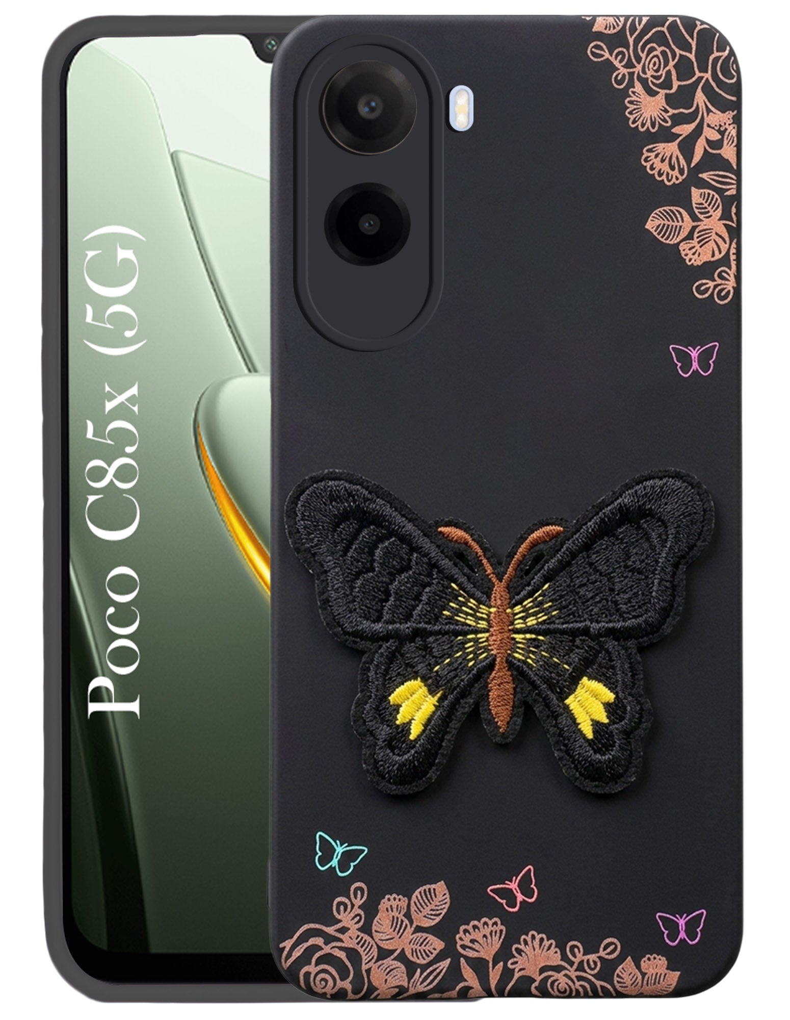 For Poco C85x 5G Back Cover Case (Soft Butterfly Embroidery | Women Teen Girls | Camera Protection| Matte Silicone)