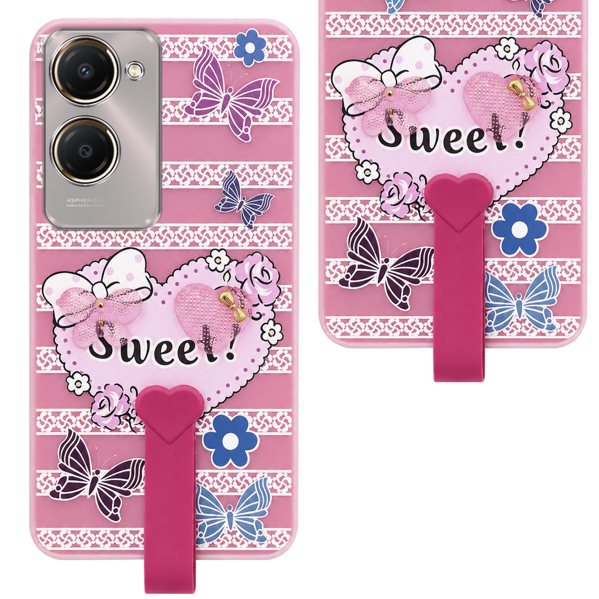 For Vivo Y28s 5G | Vivo T3 Lite 5G Back Cover Case (3D Cute Heart Strap Holder | Camera Protection | Designer Girls Print)