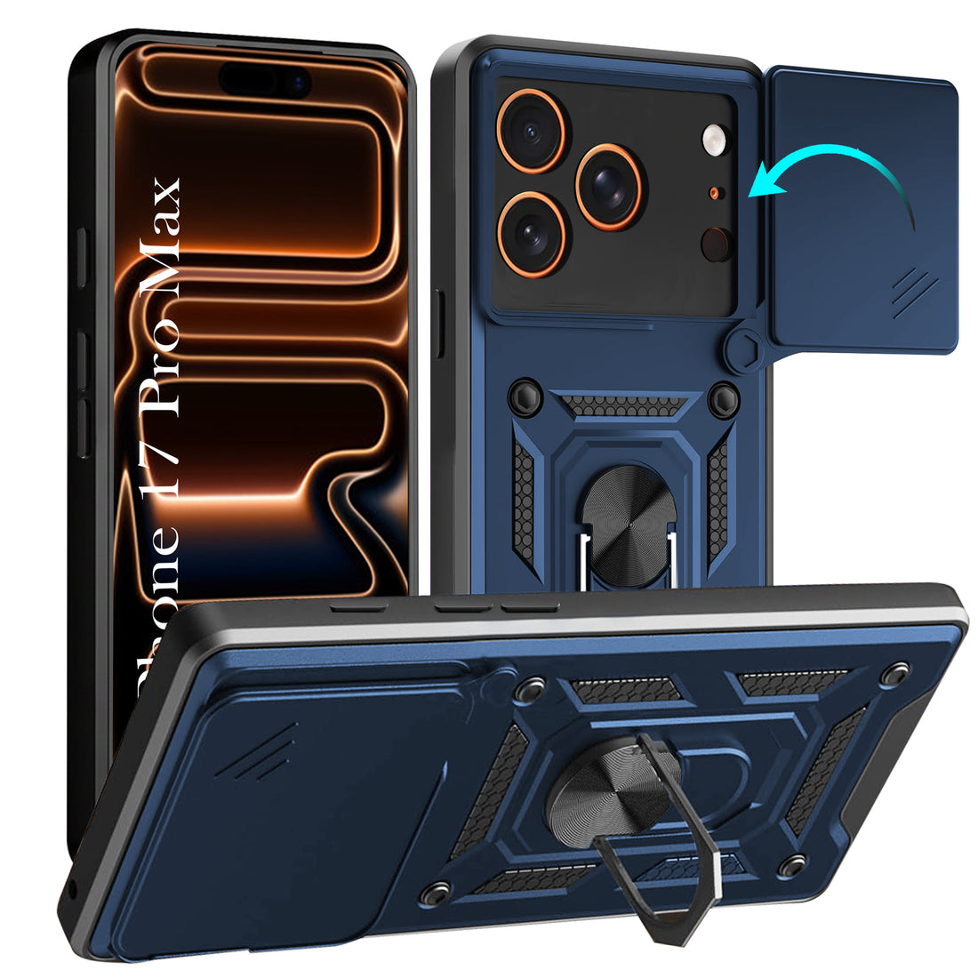 For Apple iPhone 17 Pro Max  Back Cover Case (Sliding Shutter Camera Protection | Polycarbonate |Ring Holder Kickstand)
