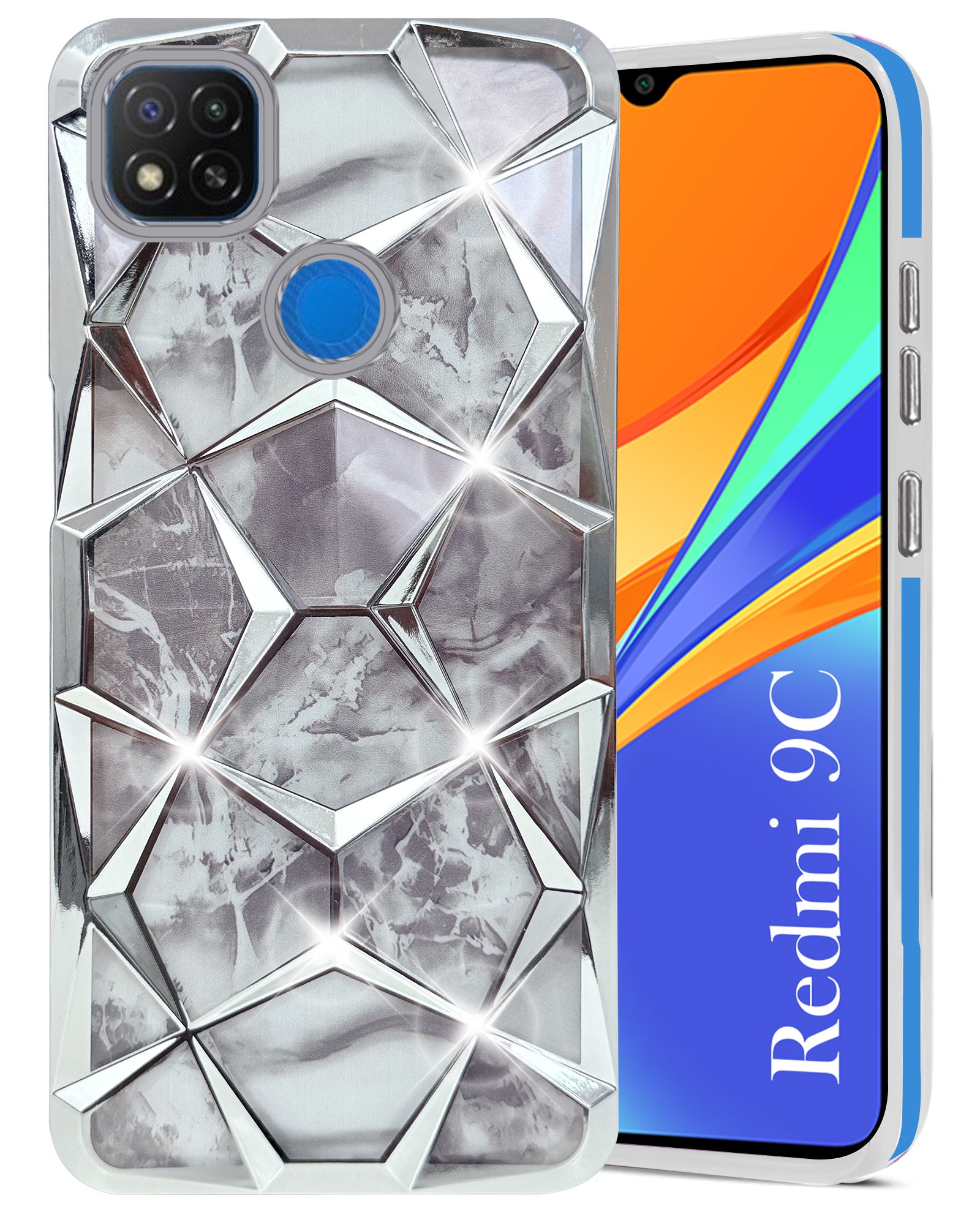For Redmi 9C Back Cover Case (Dual Design Glitter Sparkle and Detachable Diamond Print Case | Soft and Flexible)
