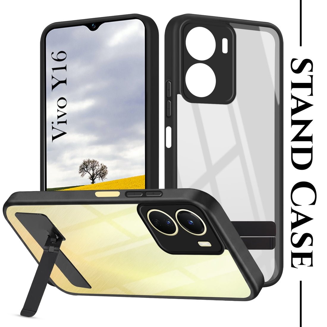 For Vivo Y16 Back Cover Case (Built-in Stand | Lifetime Anti Yellow | Kickstand Shockproof | Camera Protection | MagSafe Compatible)