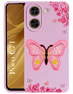 For Poco C71 Back Cover (Soft Butterfly Embroidery | Women Teen Girls | Camera Protection| Matte Silicone)