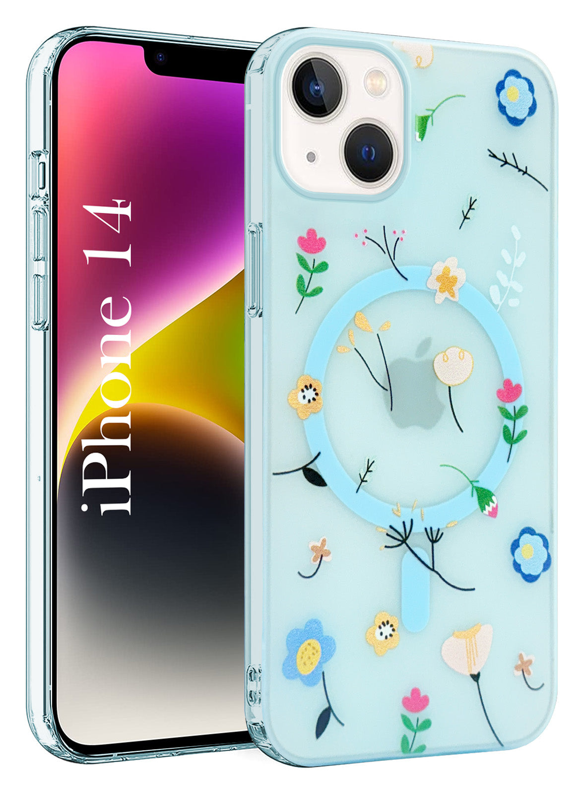 For Apple iPhone 14 Back Cover Case (Cute Floral Design | Flower Print for Girls | MagSafe Compatible Wireless Charging)