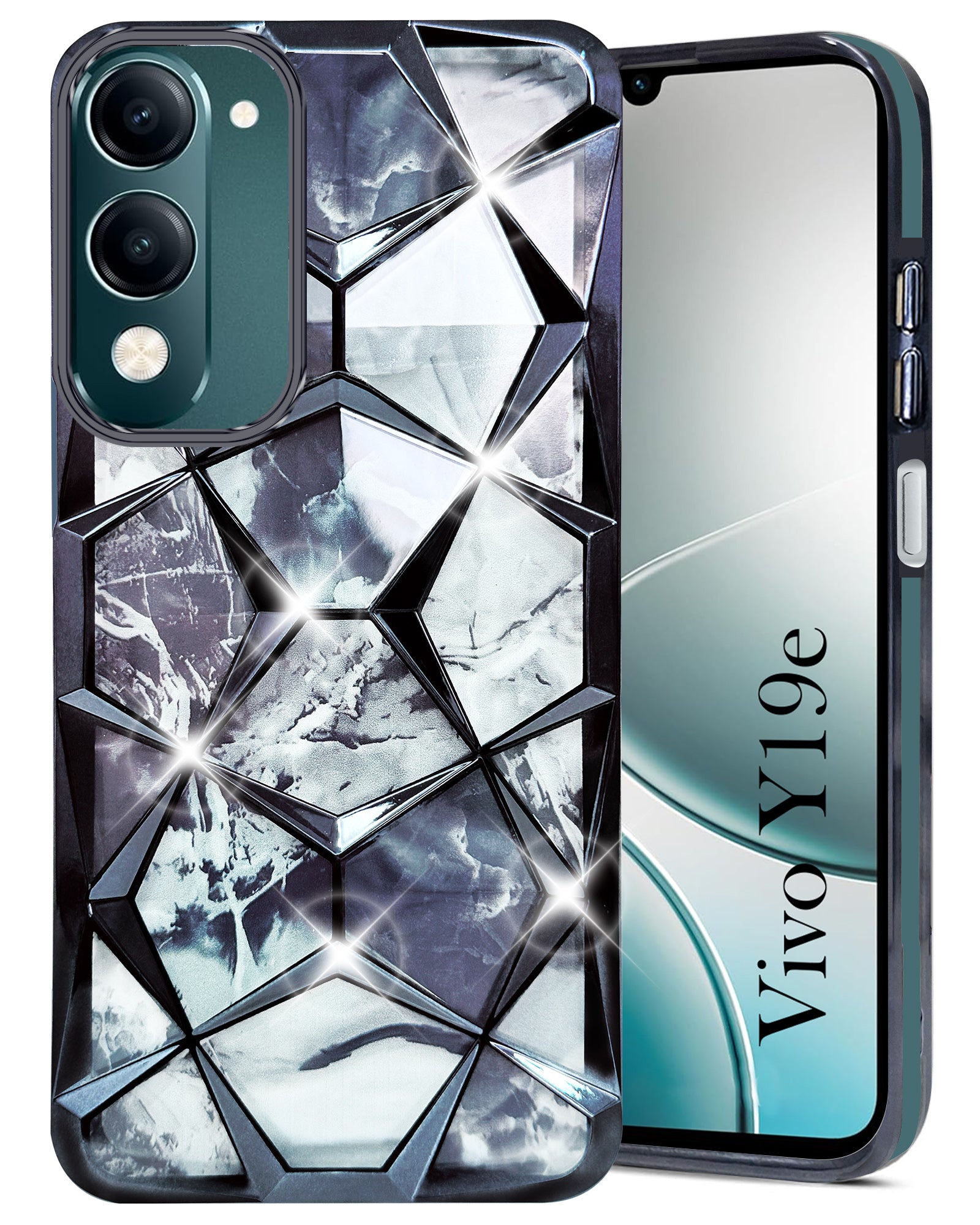For Vivo Y19e Back Cover Case Girls (Dual Design Glitter Sparkle and Detachable Diamond Print Case | Soft and Flexible)