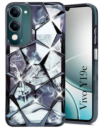 For Vivo Y19 | Vivo Y19e | Vivo T4 Lite Back Cover Case Girls (Dual Design Glitter Sparkle and Detachable Diamond Print Case | Soft and Flexible)