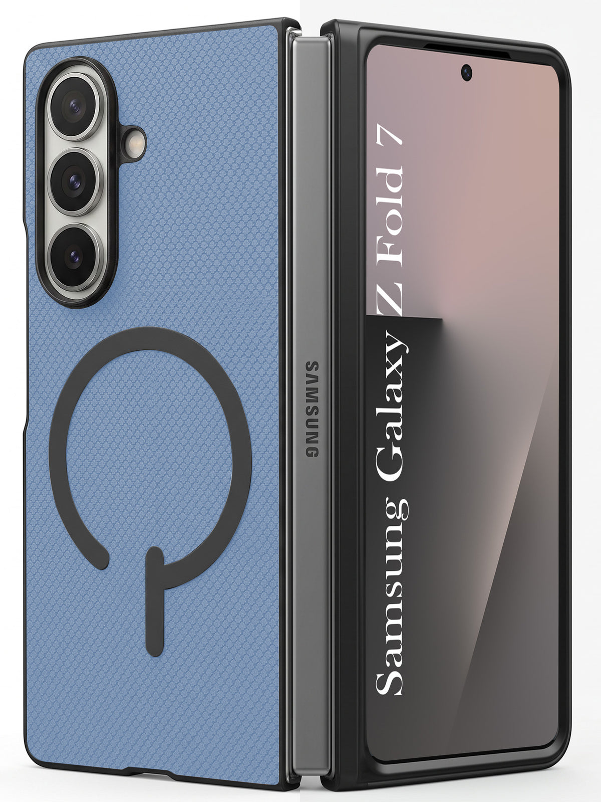 For Samsung Galaxy Z Fold 7 Premium Magnetic Back Cover Case (MagSafe Compatible | 180° Folding Design | Soft Microfiber Inner Lining | Textured Blue Finish)