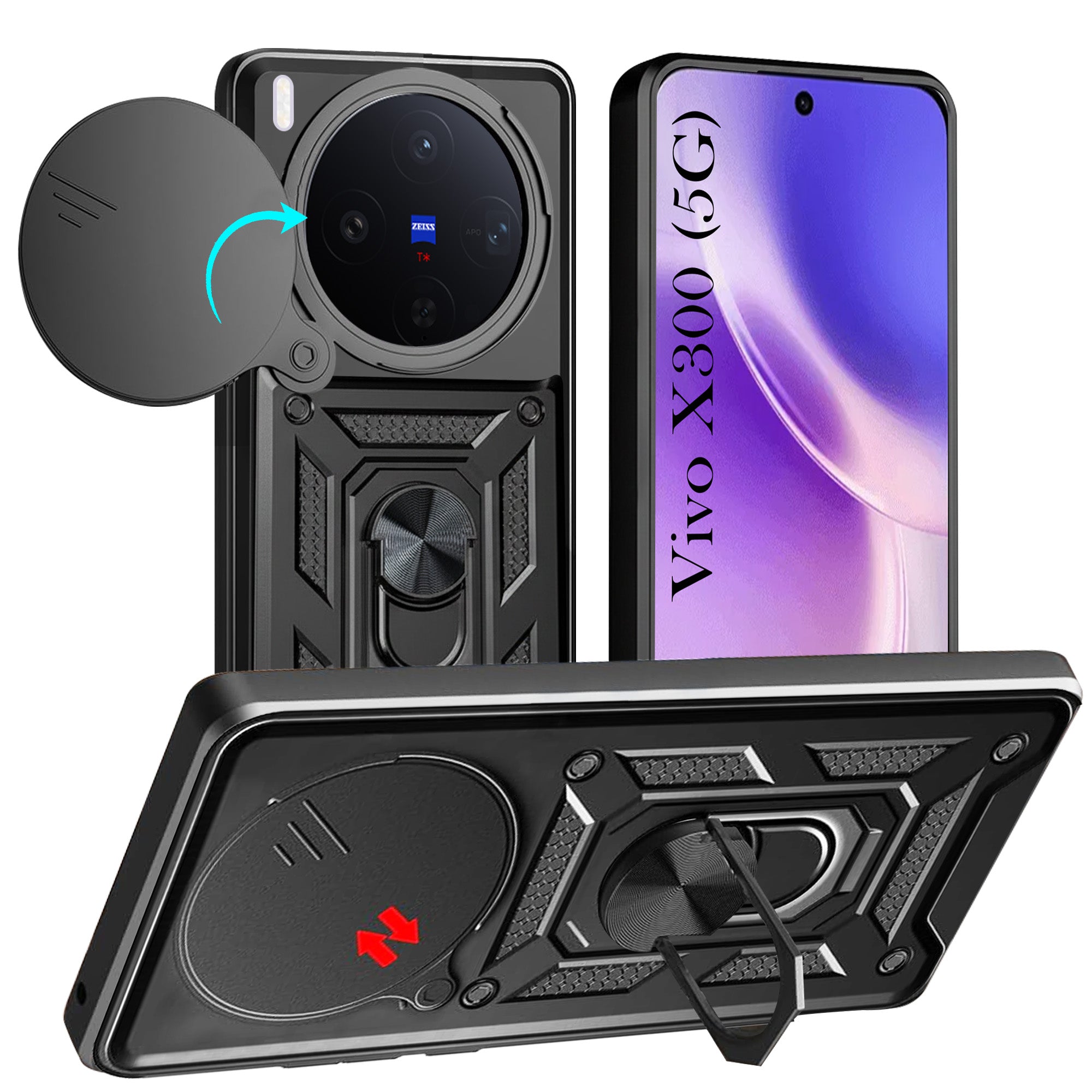 For Vivo X300 5G Back Cover Case Jkobi Hybrid Armor (Sliding Shutter Camera Protection | Polycarbonate |Ring Holder Kickstand)