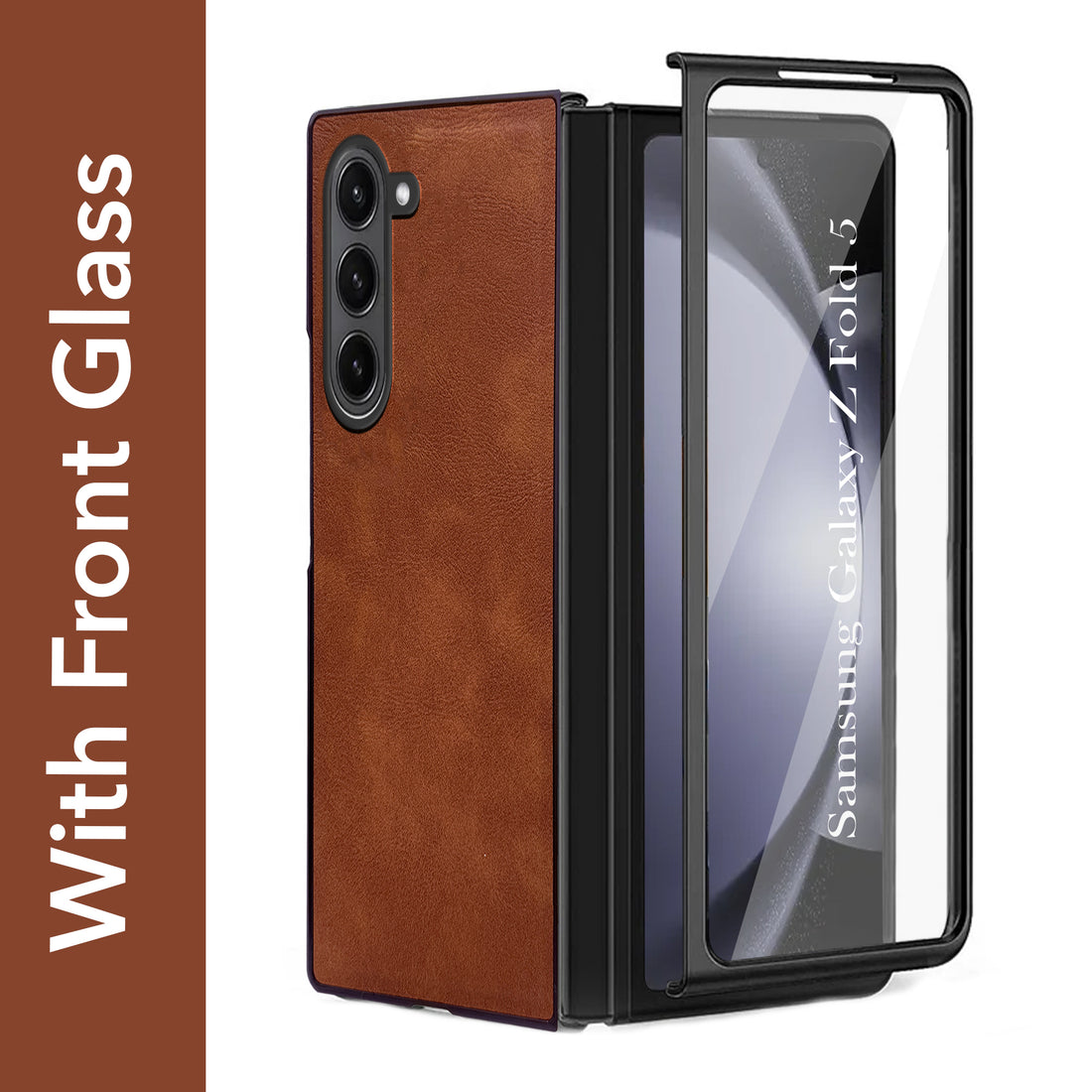 For Samsung Galaxy Z Fold 5 5G Back Cover Front Glass Leather (Full Body Case | Built-in Screen Protector | Inside Fiber Cloth | Minimalist Professional)