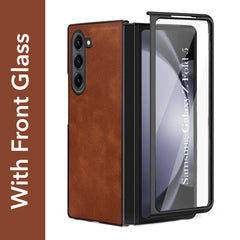 For Samsung Galaxy Z Fold 5 5G Back Cover Front Glass Leather (Full Body Case | Built-in Screen Protector | Inside Fiber Cloth | Minimalist Professional)