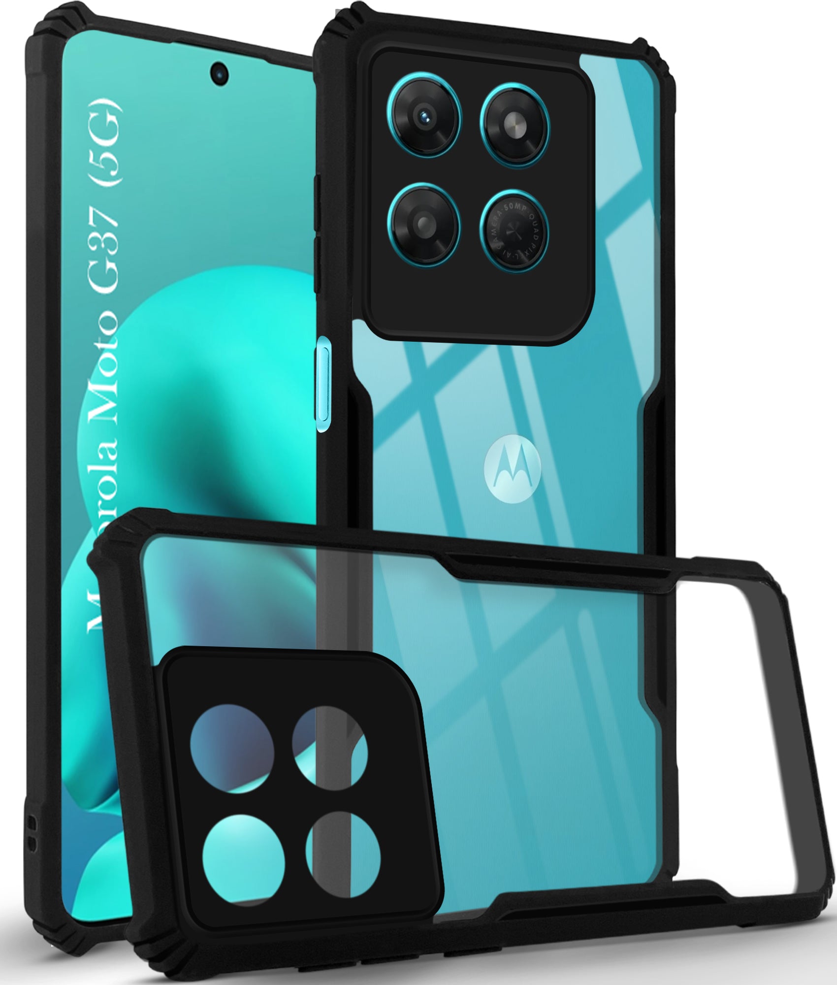 For Motorola Moto G37 Back Cover Case Hybrid (Shockproof with Polycarbonate Clear Panel | Professional Black)