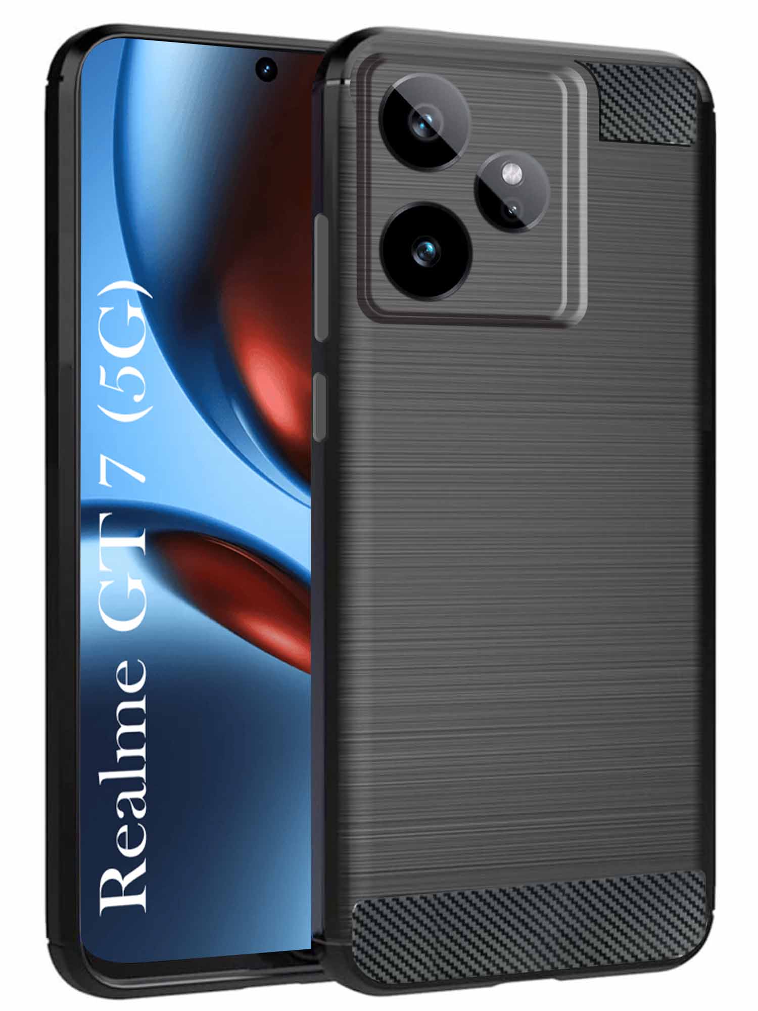 For Realme GT 7 Back Cover Case ( Hybrid Armor Case | Carbon Fiber Shockproof | Soft and Flexible | Black )