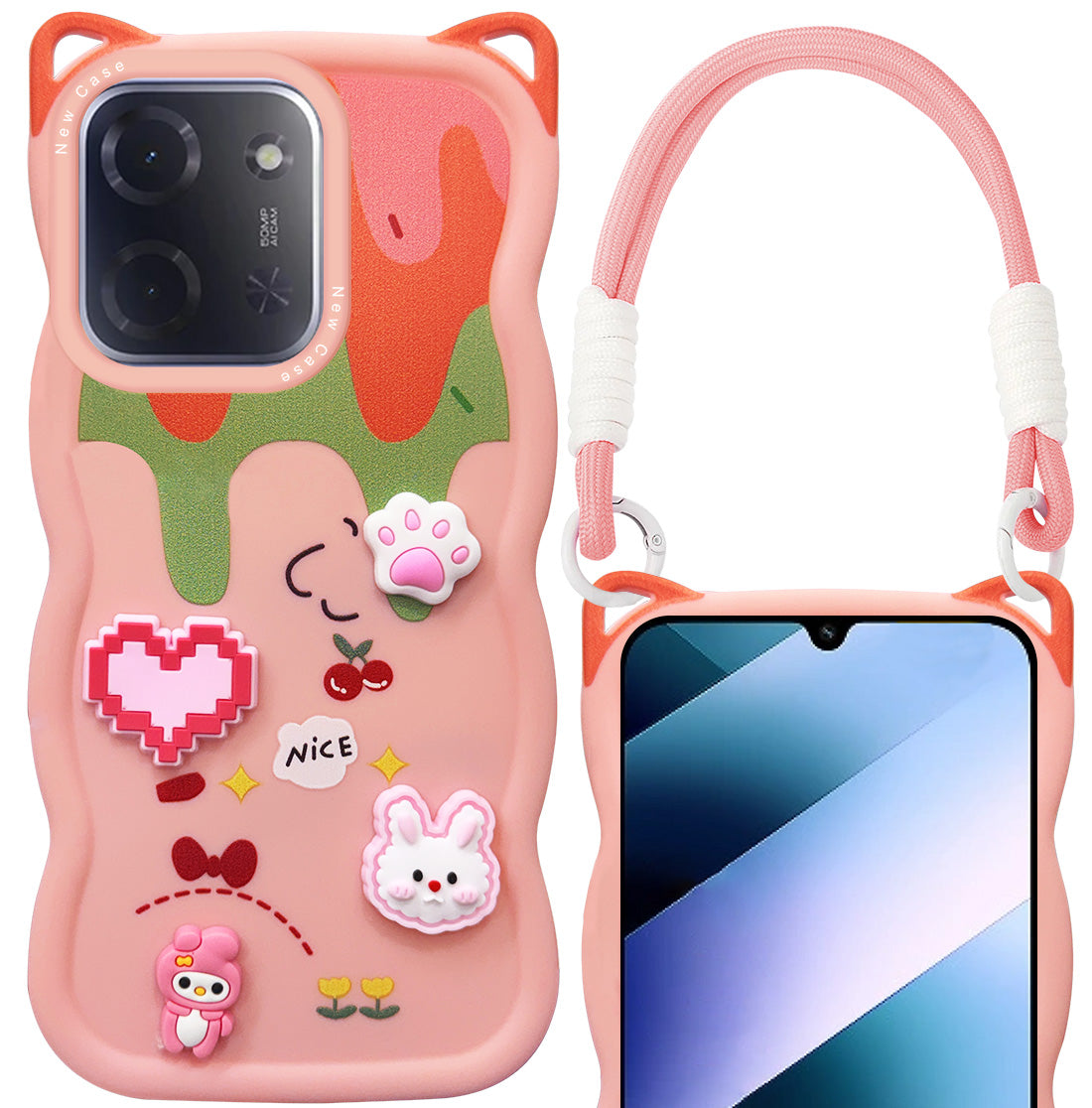For Poco C85 5G Back Case Cover Strap (3D Embossed Figures | Strap Holder | 360* Soft Cushion with Camera Bump)