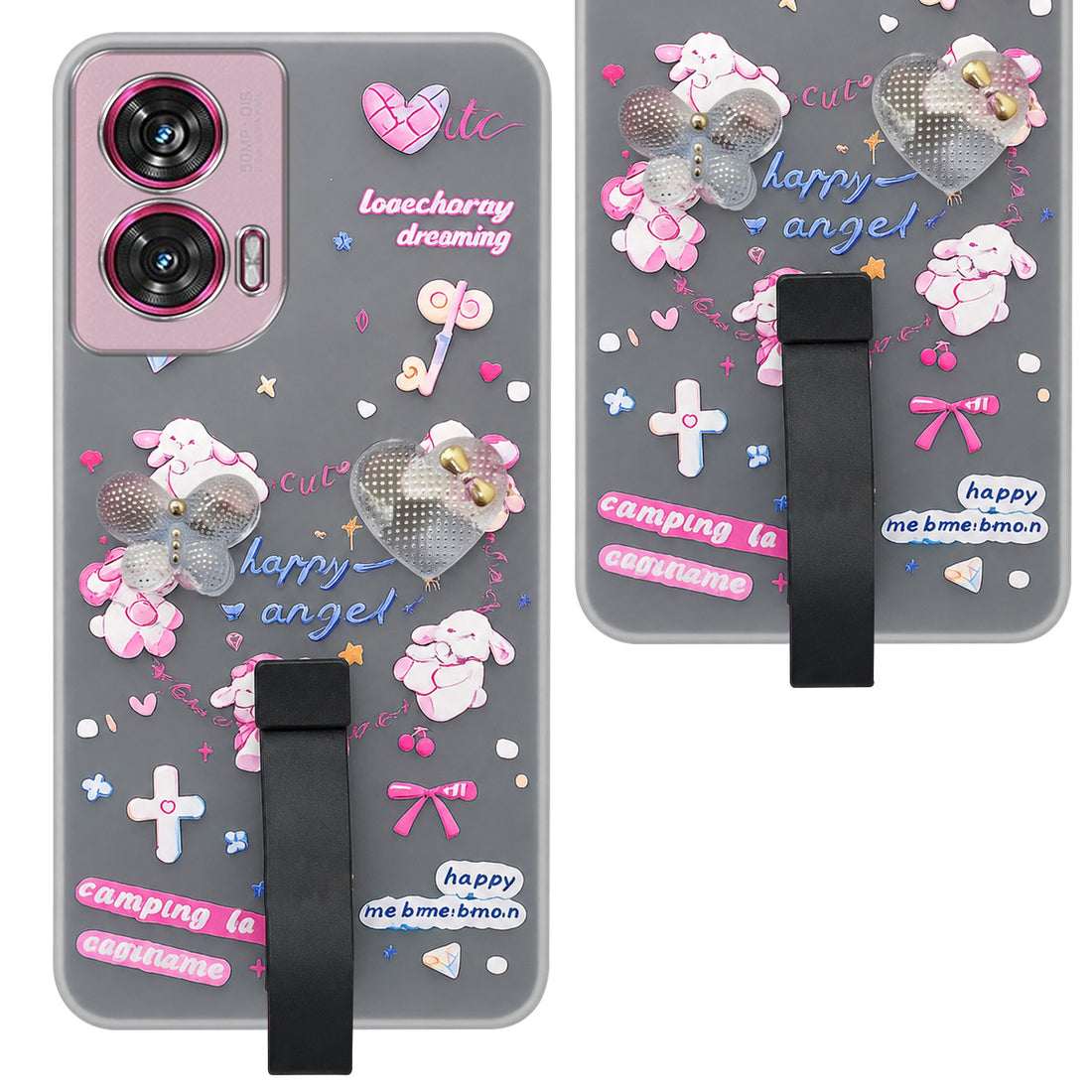 For Motorola Moto Edge 50 Fusion Back Cover Case (3D Cute Heart Strap Holder | Camera Protection | Designer Girls Print)