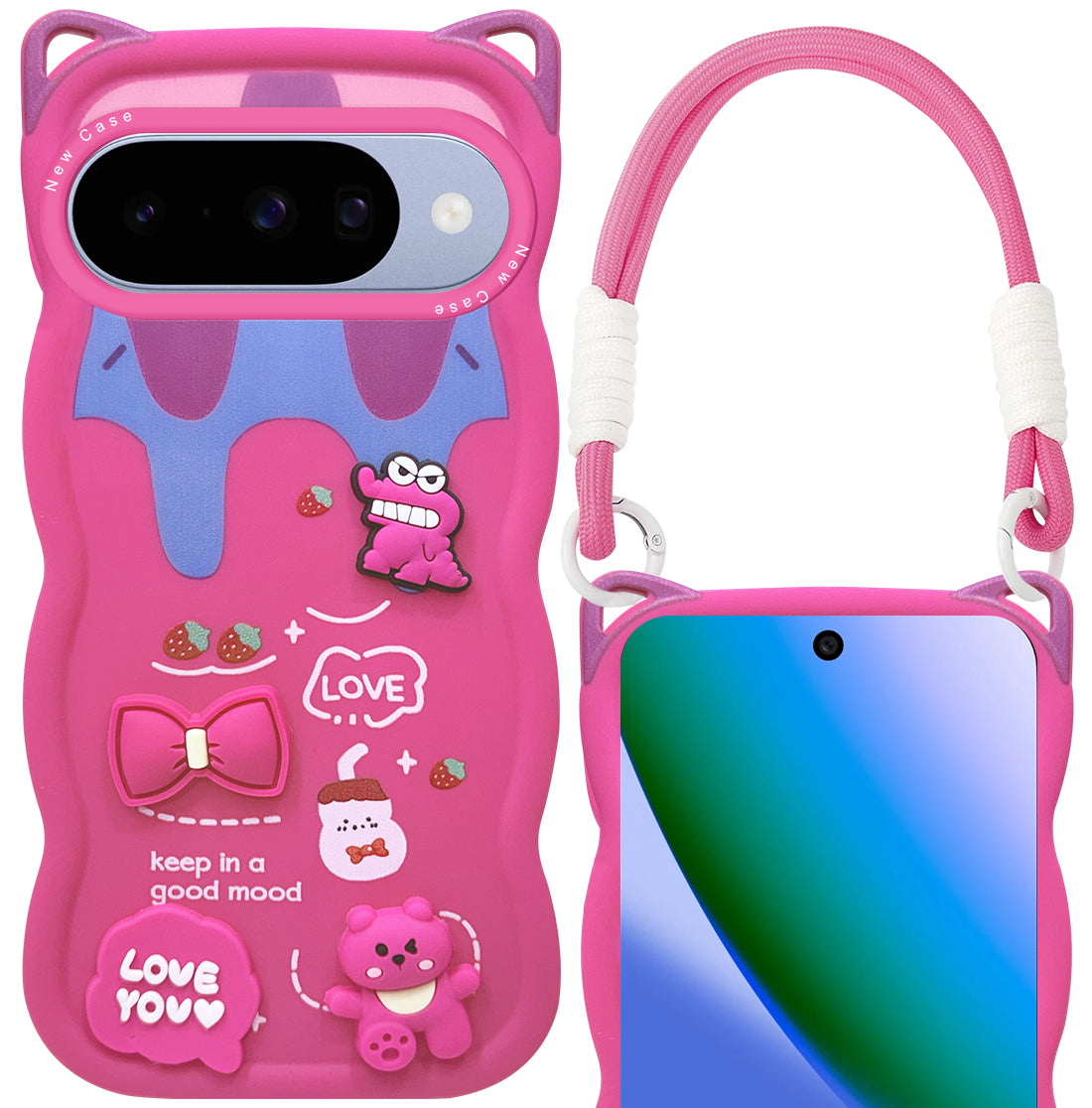 For Google Pixel 10 Back Case Cover Strap (3D Embossed Figures | Strap Holder | 360* Soft Cushion with Camera Bump)