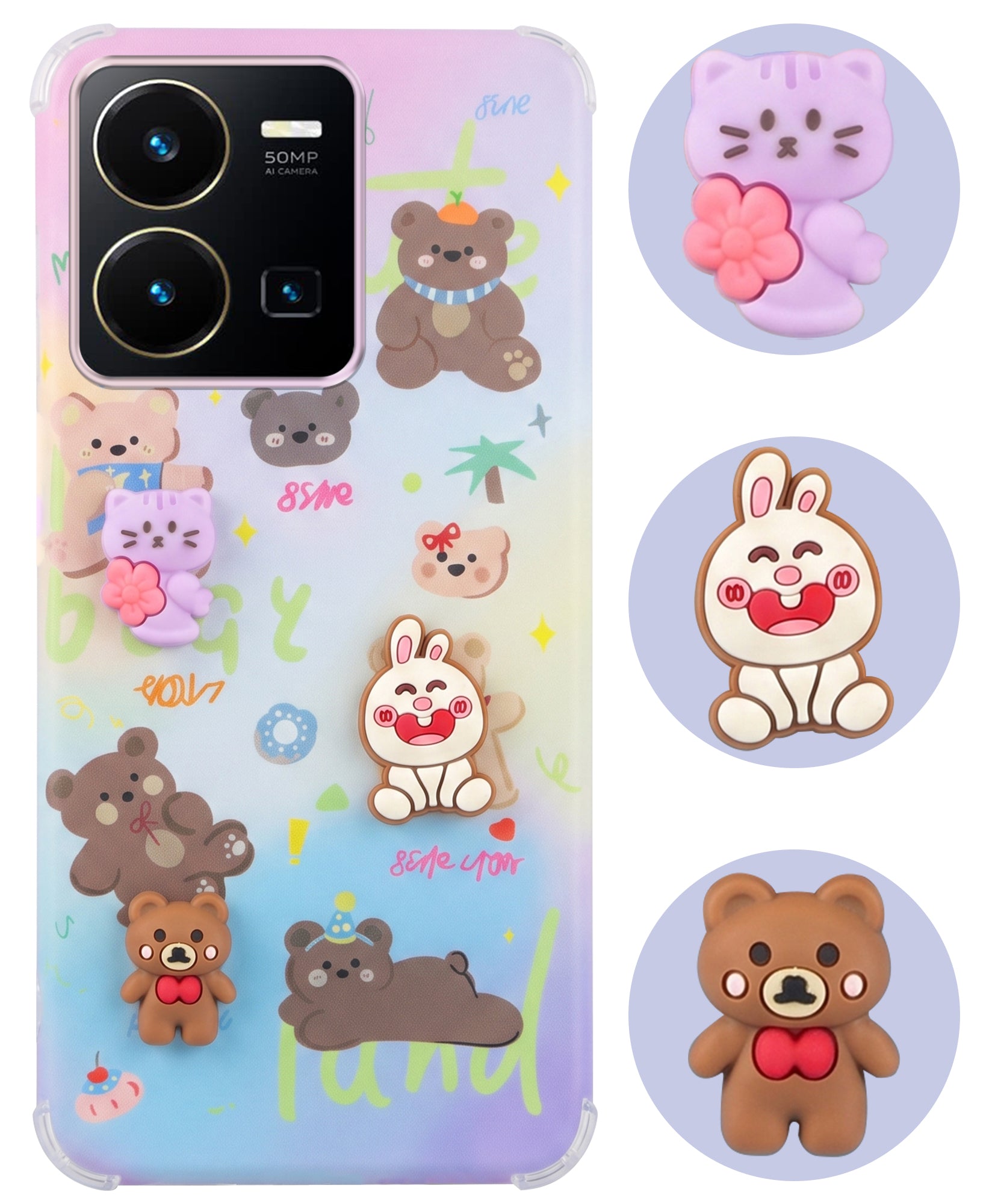 For Vivo Y35 Back Cover Case (3D Cute Cartoons | Hard Back Side Soft | Matte Premium Finish | HD Printing)