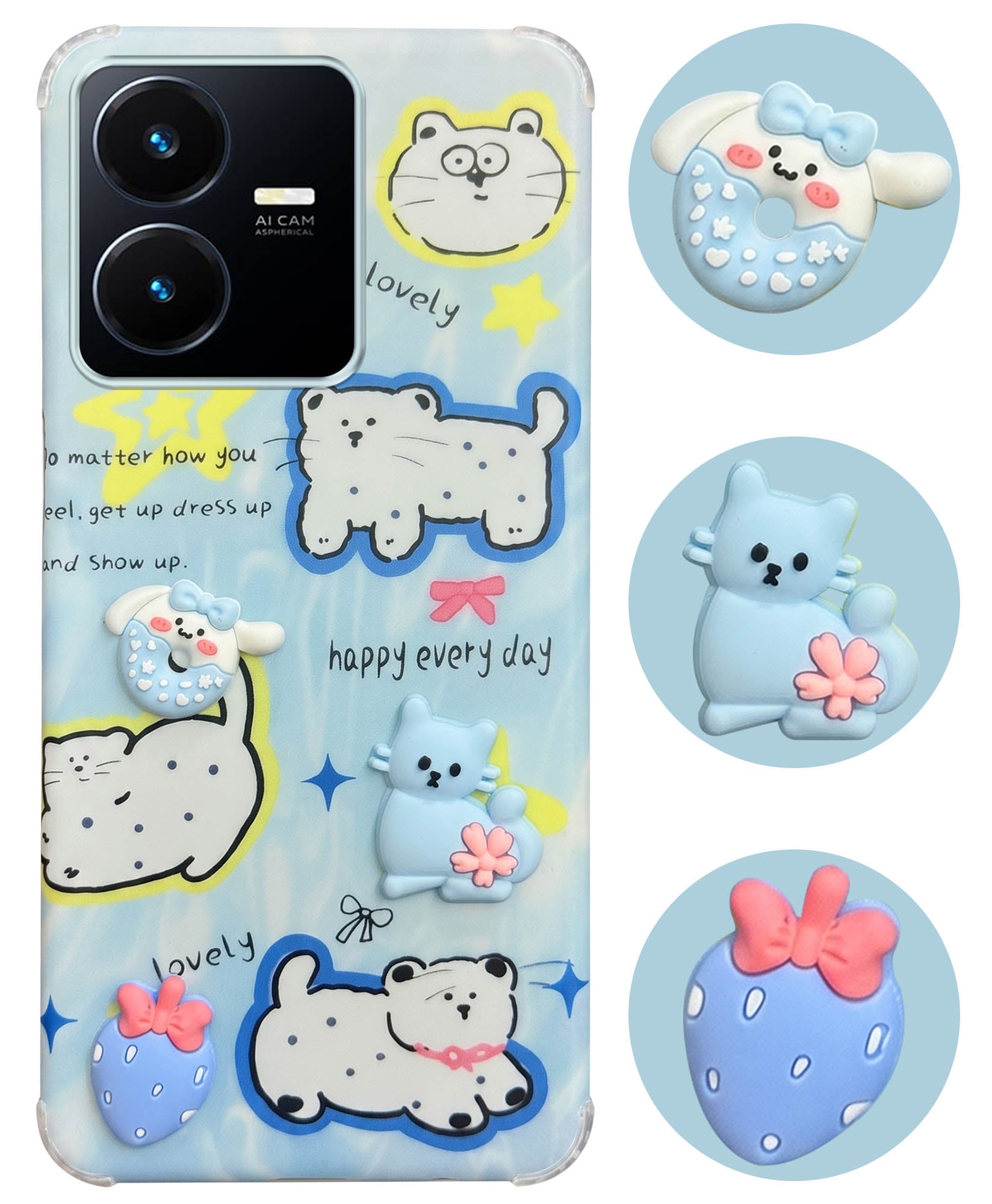 For Vivo Y22 | Vivo Y22s Back Cover Case (3D Cute Cartoons | Hard Back Side Soft | Matte Premium Finish | HD Printing)