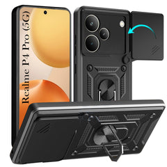 For Realme P4 Pro Hybrid Armor Back Cover Case (Sliding Shutter Camera Protection | Polycarbonate |Ring Holder Kickstand)