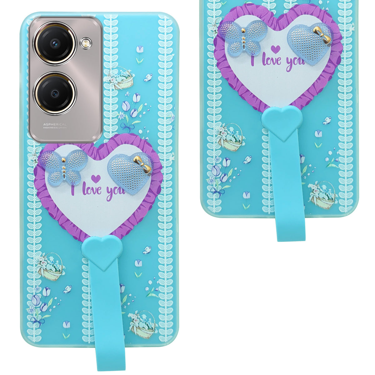 For Vivo Y28s 5G | Vivo T3 Lite 5G Back Cover Case (3D Cute Heart Strap Holder | Camera Protection | Designer Girls Print)