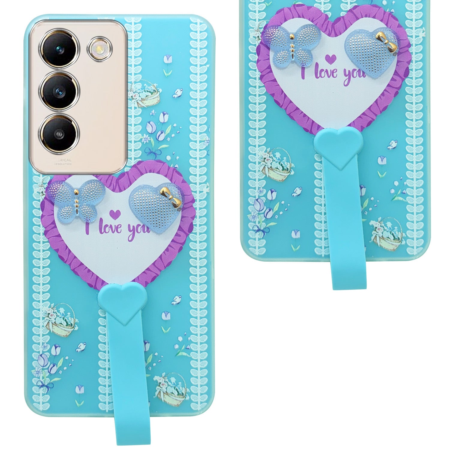 For Vivo Y200e Back Cover Case (3D Cute Heart Strap Holder | Camera Protection | Designer Girls Print)